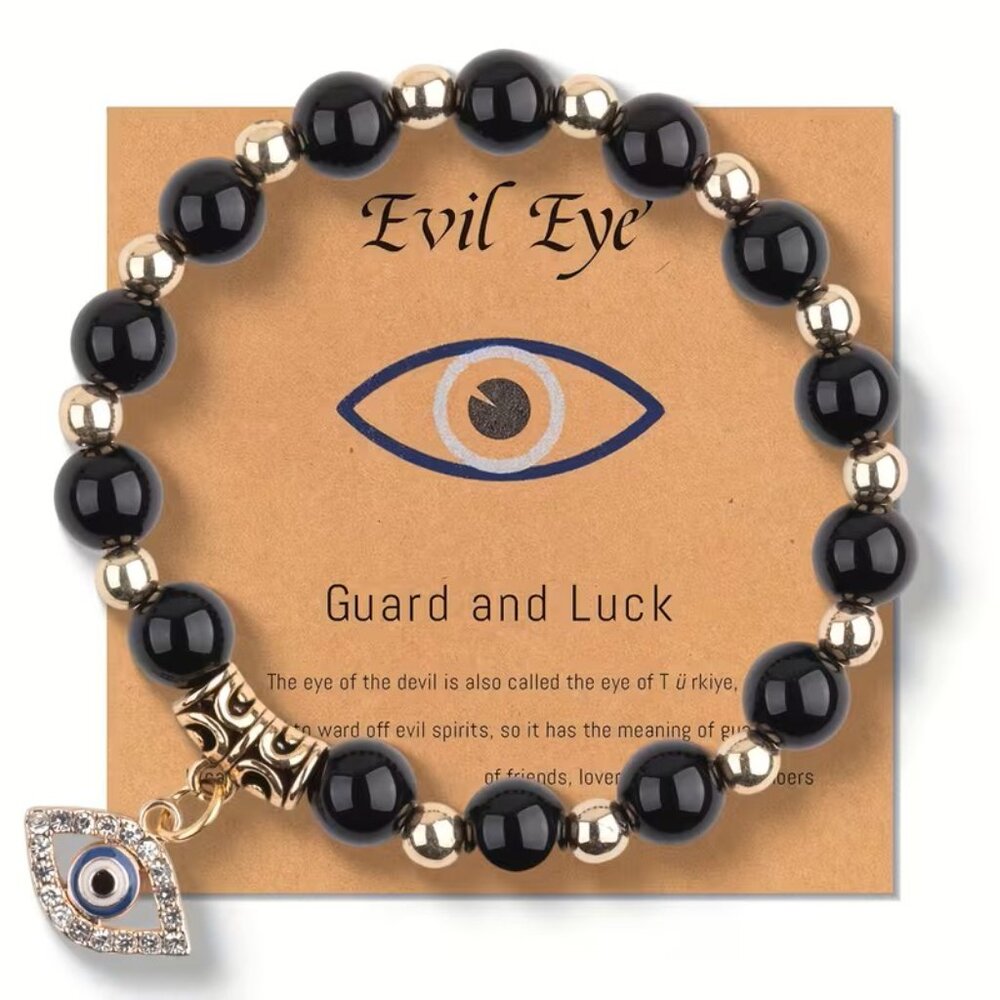 Evil Eye GOOD LUCK Black Rhinestones Malachite Beaded Bracelet Z147